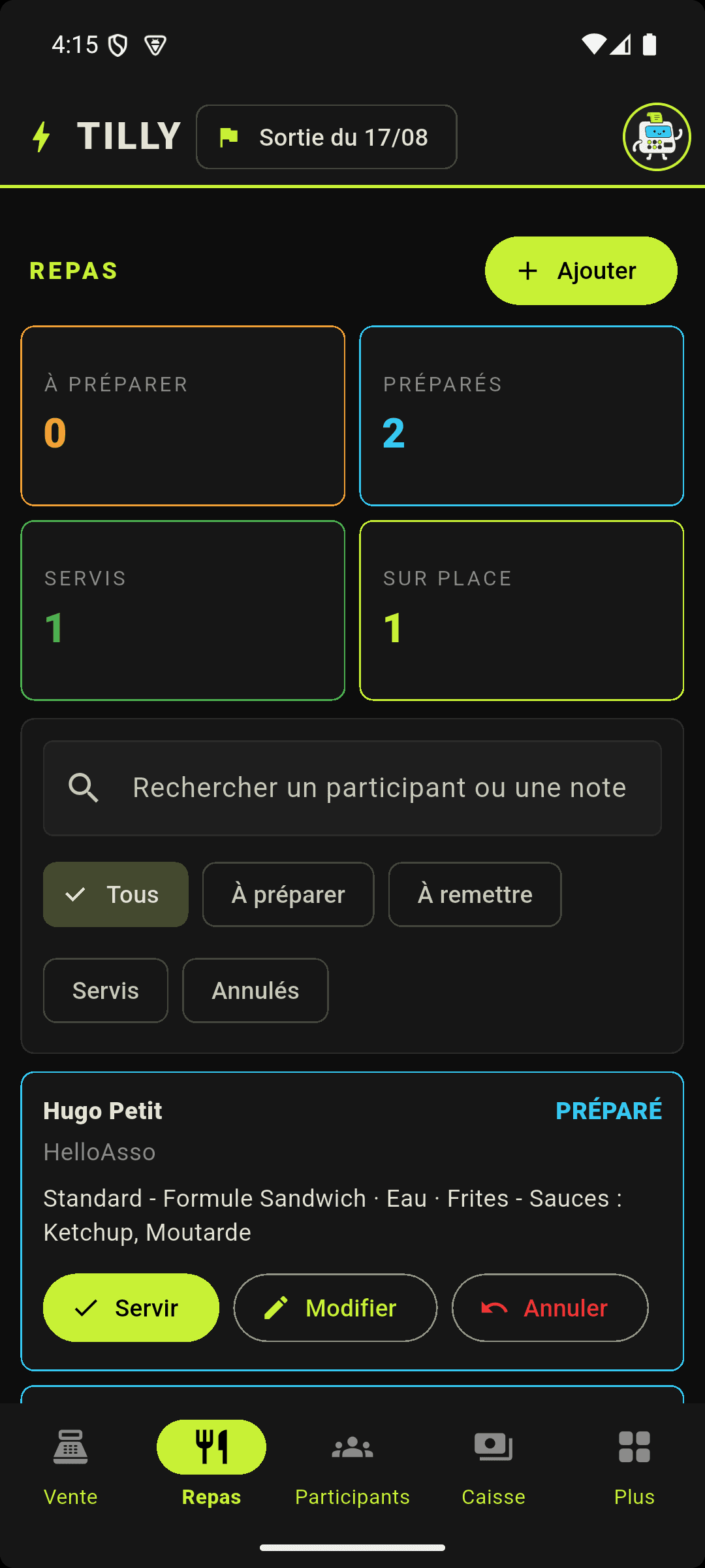 Tableau des repas Tilly avec compteurs de préparation, filtres et commande à servir.